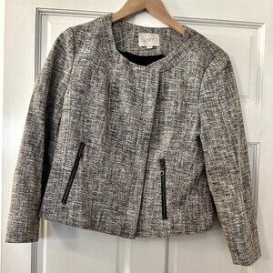 LOFT black and ivory tweed cropped zipper jacket size 8